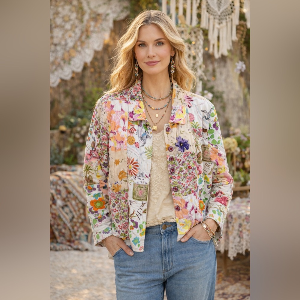 Vintage Floral Patchwork Quilted Jacket Boho Artsy Whimsical Grandma Cottagecore